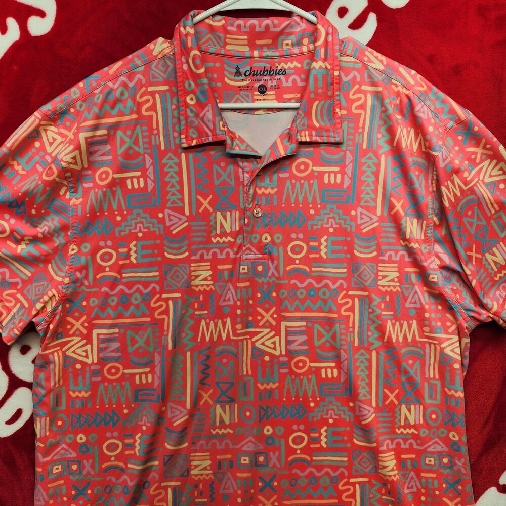 Chubbies Polo Shirt XXL Pink Geometric Tribal Print Stretch Golf Performance...